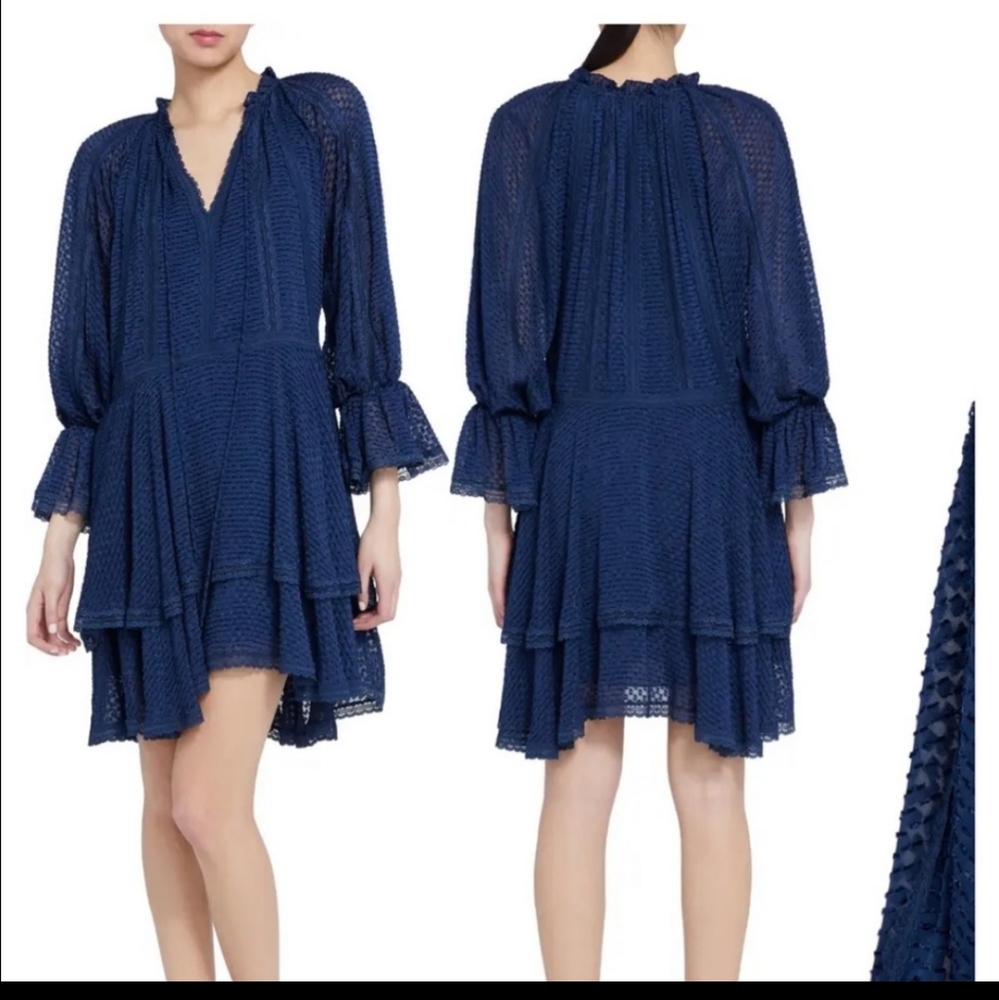 Alice & Olivia Joanne Tiered Lace Trimmed FIL Coupe Chiffon Dress Sz 0